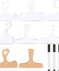 Six Piece Acrylic Router Template Set For Charcuterie Boards And Cutting Boards Two Sizes With Thick Handle Angled Curvy Stencil Guides Includes Three Pens Perfect For Woodworking And Kitchen Craft Projects displayed with pens and wooden templates