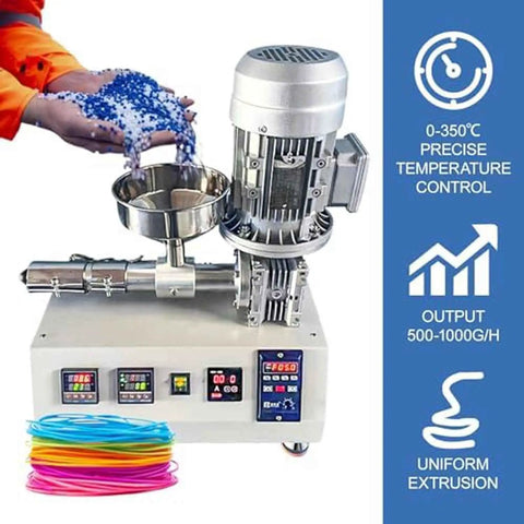 Turn Waste Into Top Notch Filament Using This Desktop 3D Printer Extruder That Crushes Through 1000 Grams Per Hour And Delivers Straight Shoot Pid Temp Control For Custom Plastic Prints with blue pellets.