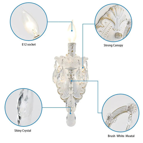 1 Light Distressed White Crystal Wall Sconce With Candle Style Vintage Farmhouse Vibe, French Country Crystal Drops, detail view