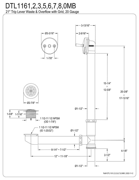 Technical drawing of 21 Inch Trip Lever Bath Drain With Grid, Antique Brass Finish, showing detailed measurements and parts configuration