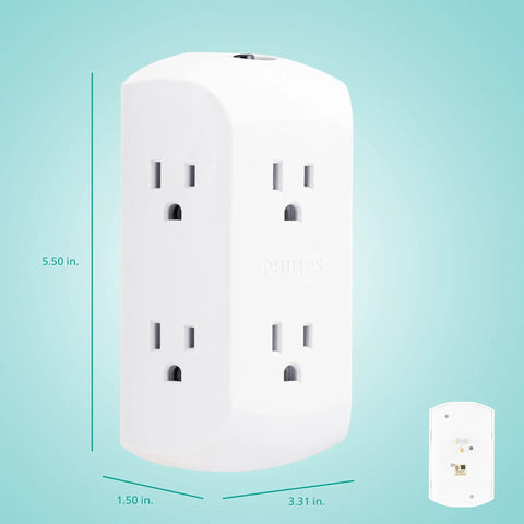 Space Saving Six Outlet Wall Tap Extender 2 Pack Grounded 3 Prong Outlets With Circuit Breaker And Reset Button Four Side Access Outlets Easy Install ETL Listed White