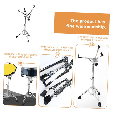 Rock Solid Heavy Duty Snare Drum Stand Adjustable Portable Alloy Rack With Quick Release Storage Shelf For Gig Ready Bands Weekend Sessions And Tour Grade Stages, showcasing durable construction and adjustable features.