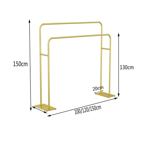 Beefy Double Pole Clothes Rack Heavy Duty Metal Coat Display Stand Gold Floor Standing Drying Rack For Clothing Shop 150cm