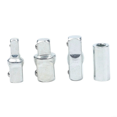 Heavy Duty 4 Piece Ratchet Wrench Socket Adapter Set With Chrome Vanadium Steel Drive Converter And Reducer For 1/4 3/8 And 1/2 Inch Tools Perfect For DIY Pros And Garage Repair Kits, four chrome adapters on white