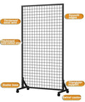 Floor Standing Gridwall Display Rack On Wheels With Hooks And T Base Heavy Duty Rolling Metal Grid Wall Panel with casters