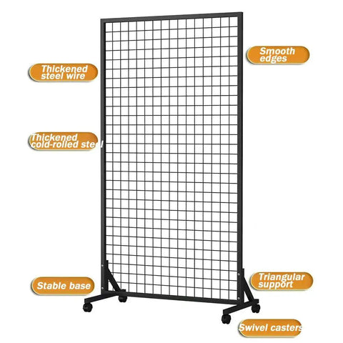 Floor Standing Gridwall Display Rack On Wheels With Hooks And T Base Heavy Duty Rolling Metal Grid Wall Panel with casters