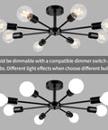 6 Light Sputnik Style Semi Flush Mount Ceiling Fixture in Black Finish for Living Room Bedroom Kitchen and Office Modern Industrial Chandelier with Dope Vibe and UL Listed Safety, showcasing bulb options.