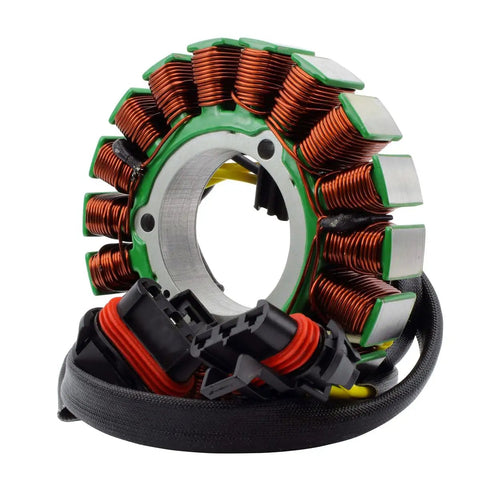 Heavy Duty Dual Output Stator With Voltage Regulator Rectifier And Plug And Play Gasket Swap For Polaris RZR Ranger ACE General Total Charging System Fix Up 2013 Through 2025 close-up view of coils and wiring harness.