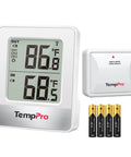 Wireless Indoor Outdoor Thermometer with 500ft Range shown with sensor, batteries, real-time display for house and patio