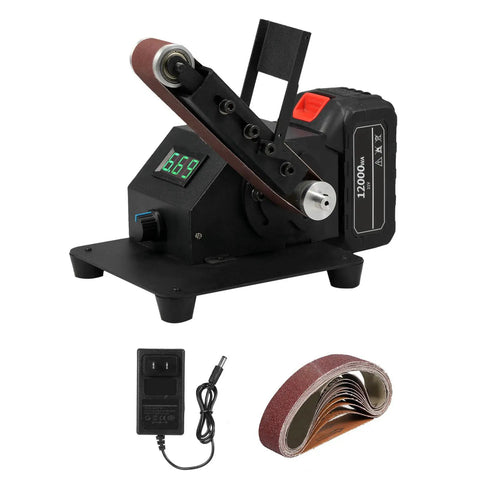 Get The Fafeicy Mini Belt Sander 350W Electric Bench Grinder With Digital Display And Stepless Speed Control For Smooth Woodworking And Metal Polishing Projects Quick And Easy At Home, featuring adjustable sanding belt.