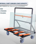 Super Heavy Duty Folding Panel Dolly And Glass Drywall Transport Cart With Fully Padded Non Scratch Surfaces And Secure Tie Downs Built Badass Style For Real Deal Hauling Work, showing a foldable cart with glass and orange accents.