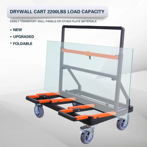 Super Heavy Duty Folding Panel Dolly And Glass Drywall Transport Cart With Fully Padded Non Scratch Surfaces And Secure Tie Downs Built Badass Style For Real Deal Hauling Work, showing a foldable cart with glass and orange accents.