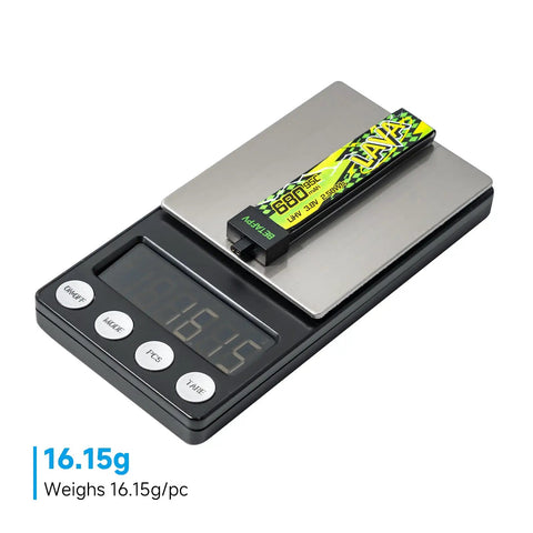Four Pack 1S 680mAh LiHV Battery 3.8V 95C With BT2 Connector on digital scale weighing 16.15g