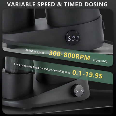 Kickstart Your Daily Brew With This No Fuss Commercial Coffee Grinder showing variable speed dial and timer display for precise control.