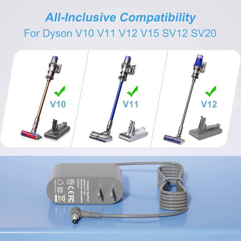 30.45V Replacement Charger for Go To Cordless Vacuum Cleaner Models V10 V11 V12 shown with compatible vacuums.