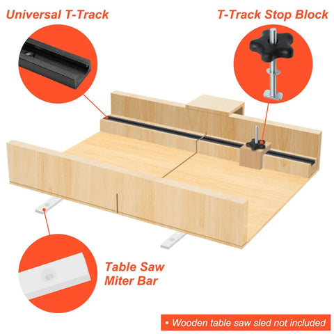 Pro Grade Crosscut Sled Kit For Table Saw With 2 Aluminum T Track Rails And 2 UHMW Miter Bars shown in setup