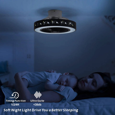20 Inch Flush Mount Ceiling Fan With Lights And Remote App Control illuminating a bedroom with a sleeping child and adult.