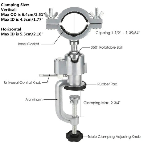 360 Degree Bench Clamp Vise Grinder Holder For Electric Drill Stand Universal Work Aluminum Alloy Construction with labeled parts