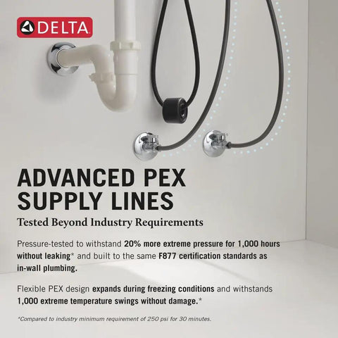 Advanced PEX supply lines from Delta with flexible design and chrome fittings, ideal for plumbing applications.