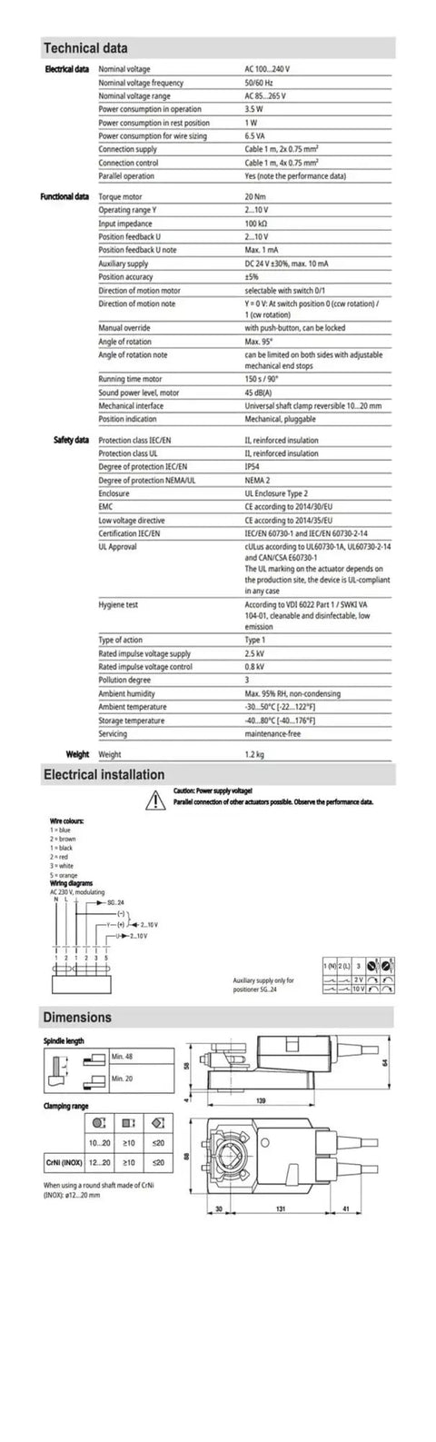 Technical specifications sheet for Heavy Duty 20Nm 220V Damper Actuator with electrical data and dimensions.