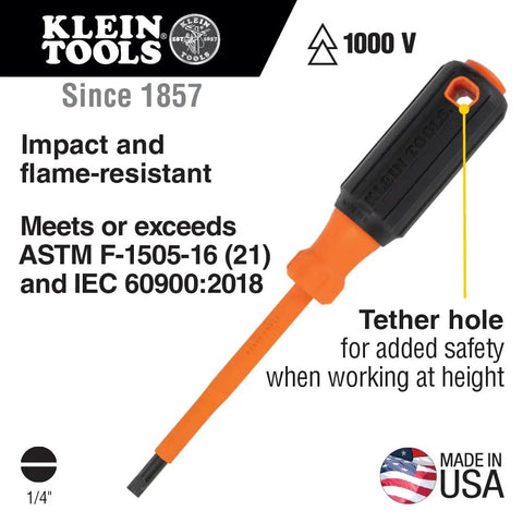 Job Site Ready Six Piece Insulated Electrical Tool Set Featuring Heavy Duty Knippers Long Nose Pliers Wire Stripper And Straight Shooter Screwdrivers, 1/4" impact-resistant screwdriver with tether hole.