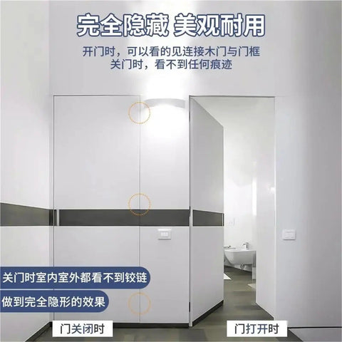 Concealed Door Hinge With Hydraulic Buffer And Auto Close Hidden Wooden Door Closer system shown in modern bathroom setup.