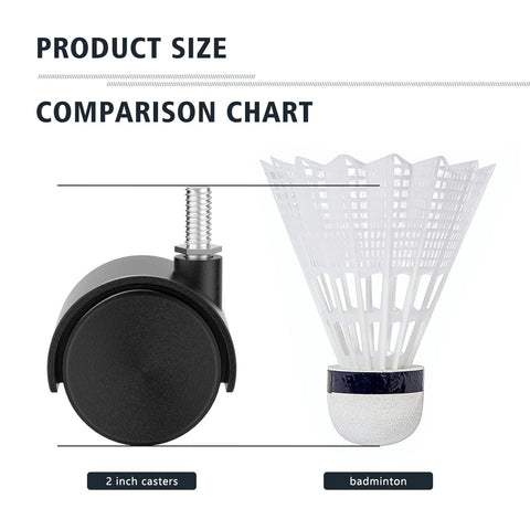 2-inch caster wheel with M8 threaded stem (black) shown next to a white badminton shuttlecock for size reference.