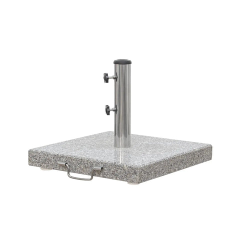 Heavy Duty Granite Patio Umbrella Base With Handle And 2 Casters, Freestanding Square Grey Stone Stand For Outdoor Use, Fits 1.5 Inch Umbrella Poles, 66 Lbs Weight, Movable Market Style, showing square granite base with handle and stainless steel tube.