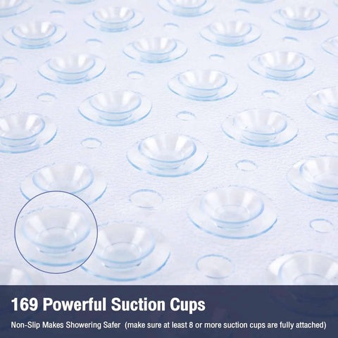 Square Shower Mat And Bathtub Grip Clear Non Slip Tub Floor Cover With Heavy Suction Nubs featuring 169 suction cups for safety.