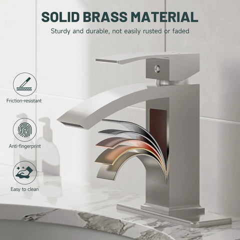 Brushed Nickel Sleek Waterfall Bathroom Faucet With Single Handle For One Hole Sink Brass Modern Commercial Faucet With Pop Up Drain