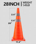 Two Pack 28 Inch Collapsible Traffic Cones With Reflective Collar and size dimensions displayed on a grid background.