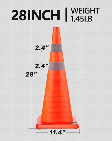 Two Pack 28 Inch Collapsible Traffic Cones With Reflective Collar and size dimensions displayed on a grid background.