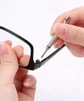 Using Two Pack Handy Mini Eyeglasses Screwdriver Set 4 in 1 Repair Tool on black glasses hinge