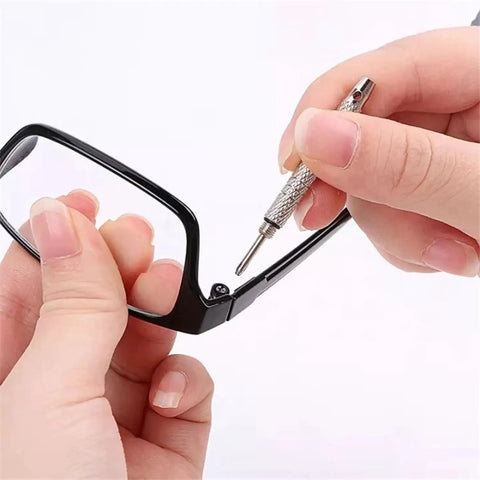Using Two Pack Handy Mini Eyeglasses Screwdriver Set 4 in 1 Repair Tool on black glasses hinge