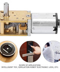 Mini Metal Gear Motor 12V N20 DC Gear Motor 27RPM High Torque Geared Micro Motor with CW CCW Rotation for Robotics Projects Durable Low Noise Performance, showing internal gears and applications.