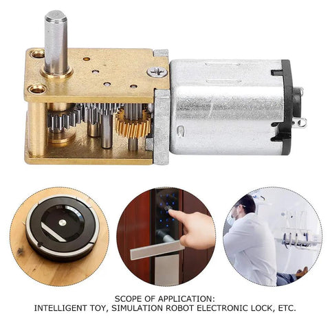 Mini Metal Gear Motor 12V N20 DC Gear Motor 27RPM High Torque Geared Micro Motor with CW CCW Rotation for Robotics Projects Durable Low Noise Performance, showing internal gears and applications.