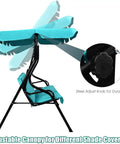 Three Seater Canopy Swing Chair With Cozy Cushioned Seat And Adjustable Removable Canopy For Outdoor Patio Garden Waterproof Steel Frame And Durable Polyester Fabric Turquoise, showing adjustable canopy and steel adjust knob