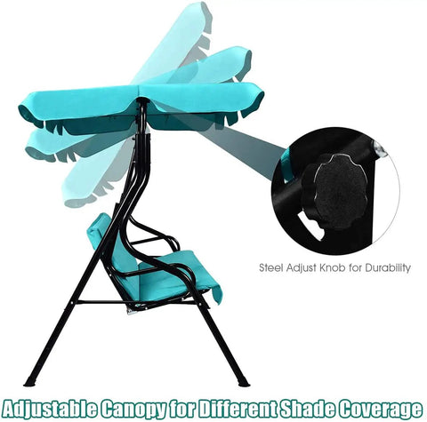 Three Seater Canopy Swing Chair With Cozy Cushioned Seat And Adjustable Removable Canopy For Outdoor Patio Garden Waterproof Steel Frame And Durable Polyester Fabric Turquoise, showing adjustable canopy and steel adjust knob