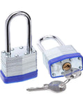 Laminated Steel Padlocks 1-9/16 Inch Wide Body, 2 Pack Keyed Alike With Long Shackle, Hardened Steel Shackle For Extra Strength, Brass 4 Pin