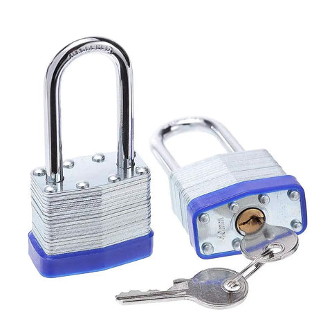 Laminated Steel Padlocks 1-9/16 Inch Wide Body, 2 Pack Keyed Alike With Long Shackle, Hardened Steel Shackle For Extra Strength, Brass 4 Pin