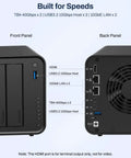 Kickass Five Bay Network Attached Storage Rig Built With Snappy Intel Core I3 Processor And Bountiful Eight Gigs Ddr5 Ram For Seamless Video Swapping And Lightning Fast Nvme Drives front and back panels showing ports and connectivity options.