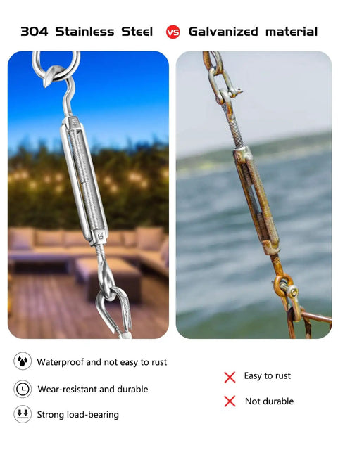 Comparison of 304 stainless steel turnbuckle hook and eye with galvanized material in outdoor settings