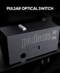 Pulsar optical switch showcasing a sleek design, part of the Featherweight Optical Gaming Mouse With Slick Ergonomic Frame Ultra Low Latency Tracking For Crisp Aim Weighs Just Forty Four Grams So You Move Quick Zero Drag Grip And Tough Switches For Grinding Out Win Streaks.