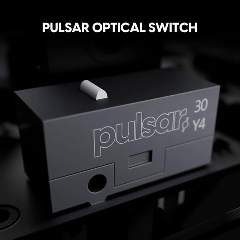 Pulsar optical switch showcasing a sleek design, part of the Featherweight Optical Gaming Mouse With Slick Ergonomic Frame Ultra Low Latency Tracking For Crisp Aim Weighs Just Forty Four Grams So You Move Quick Zero Drag Grip And Tough Switches For Grinding Out Win Streaks.