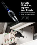 Toolant security bit set with knurled black bit holder and 1/4 inch adapter; close-up view and installed in panel.