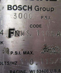 Close-up of FD4-FNHS-110SA12 Industrial Hydraulic Solenoid Valve label, showing 110/115V 50/60Hz, 3000 PSI, Racine USA details.