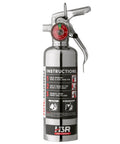 Heavy Duty Compact Fire Extinguisher For Cars Trucks Race Rigs Clean Halotron Formula 1.4 Lb Chrome body with usage instructions.