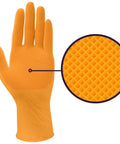 Front view of orange nitrile disposable glove with diamond-textured grip for industrial use.