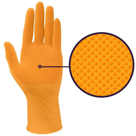 Front view of orange nitrile disposable glove with diamond-textured grip for industrial use.