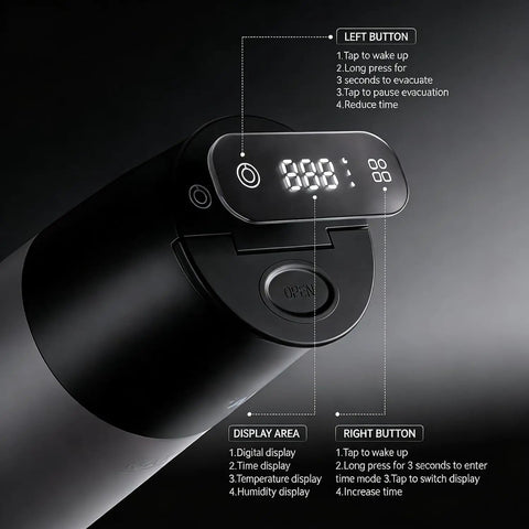 Smart Vacuum Coffee Bean Storage Canister With Digital Temp And Humidity Gauge 650Ml showing user interface and functions on top
